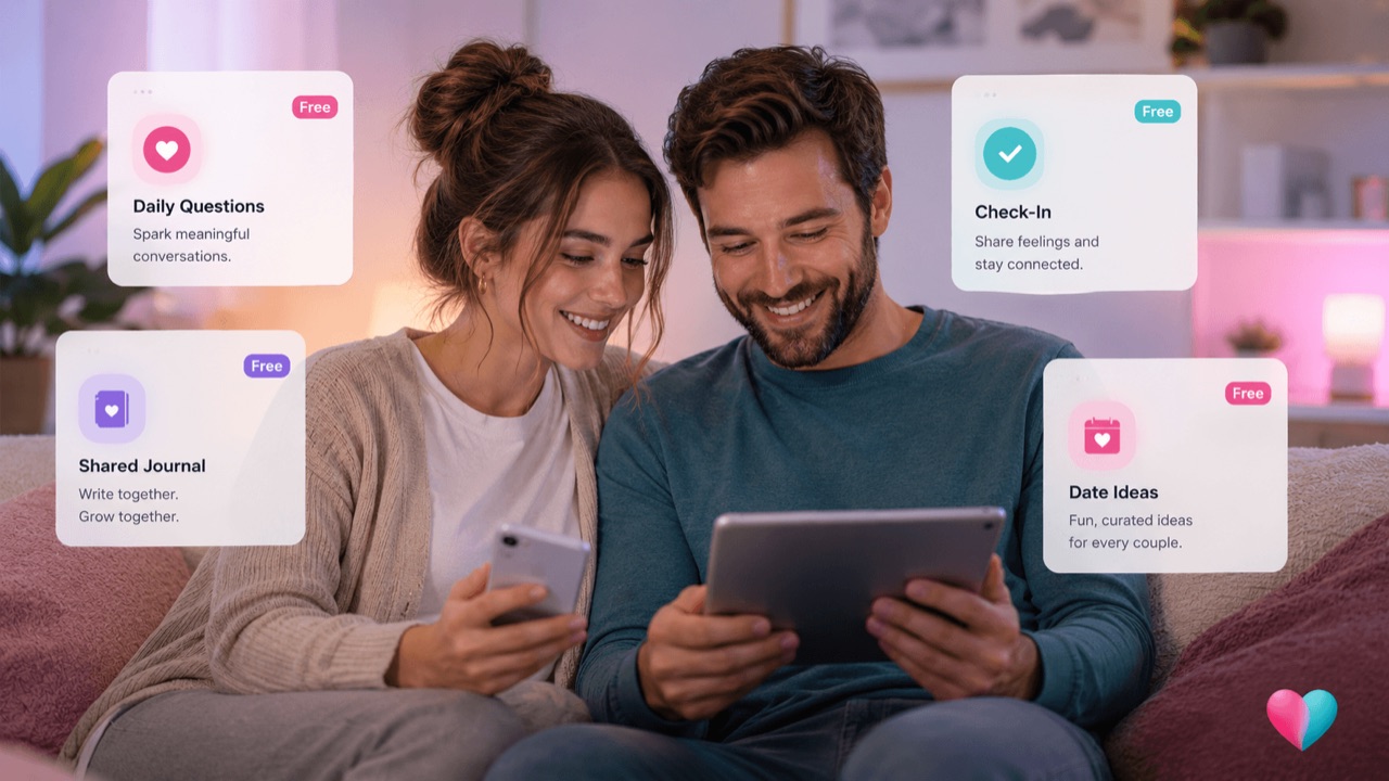 Overview of useful free couples app features including daily questions, mood check-ins, and quizzes