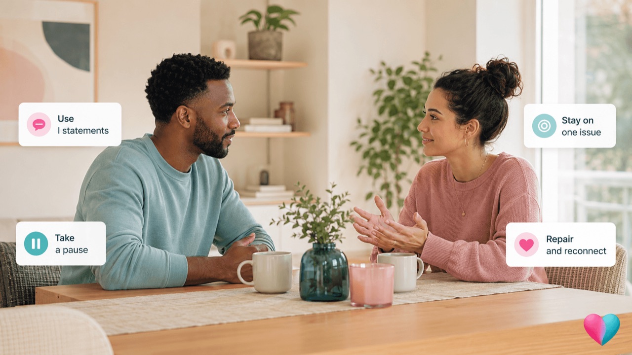 Fair-fighting tips for couples: listen first, avoid name-calling, take a pause, and focus on the issue