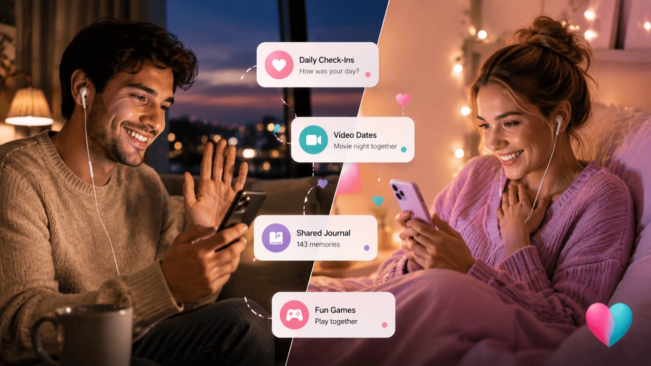 Long-distance relationship app features for daily connection, video, watching together, and planning visits