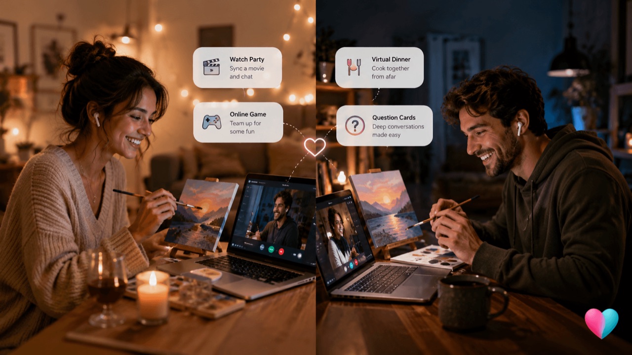 A couple having a cozy virtual long-distance date night over video call with food, drinks, and candles