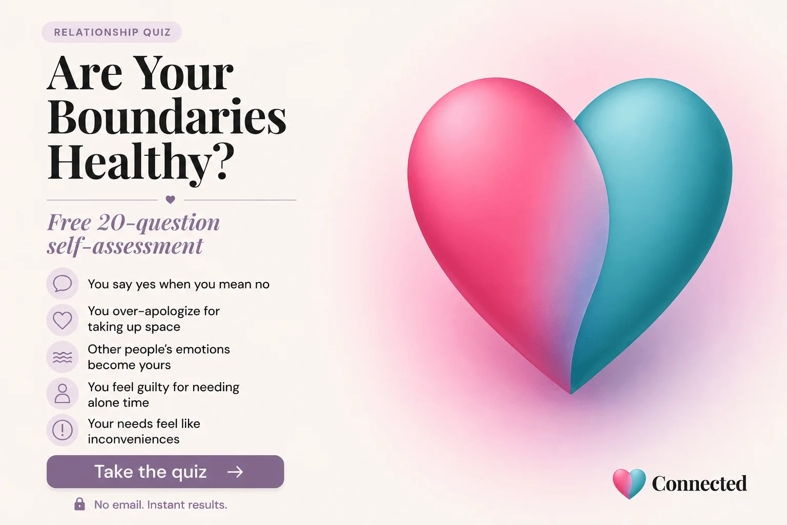 Boundaries quiz — free 20-question self-assessment to evaluate emotional, physical, and relationship boundaries, instant results no email