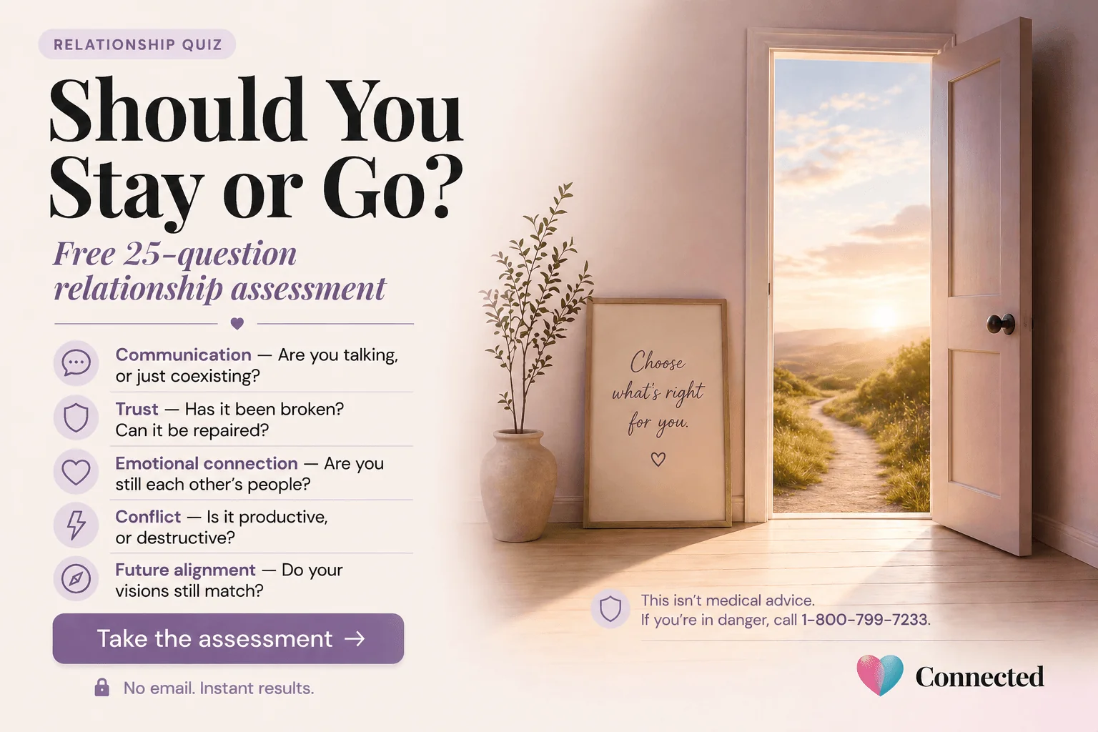 Should I get a divorce quiz — free 25-question assessment across 5 dimensions including communication, trust, and emotional connection, instant results no email