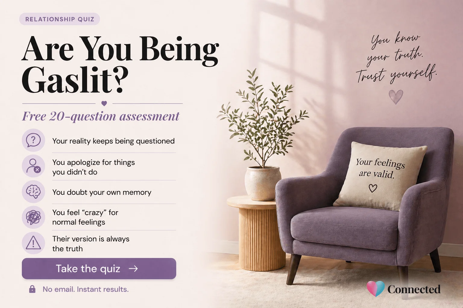 Gaslighting quiz — free 20-question assessment covering denial, manipulation, and emotional control patterns in relationships, with mental health resources