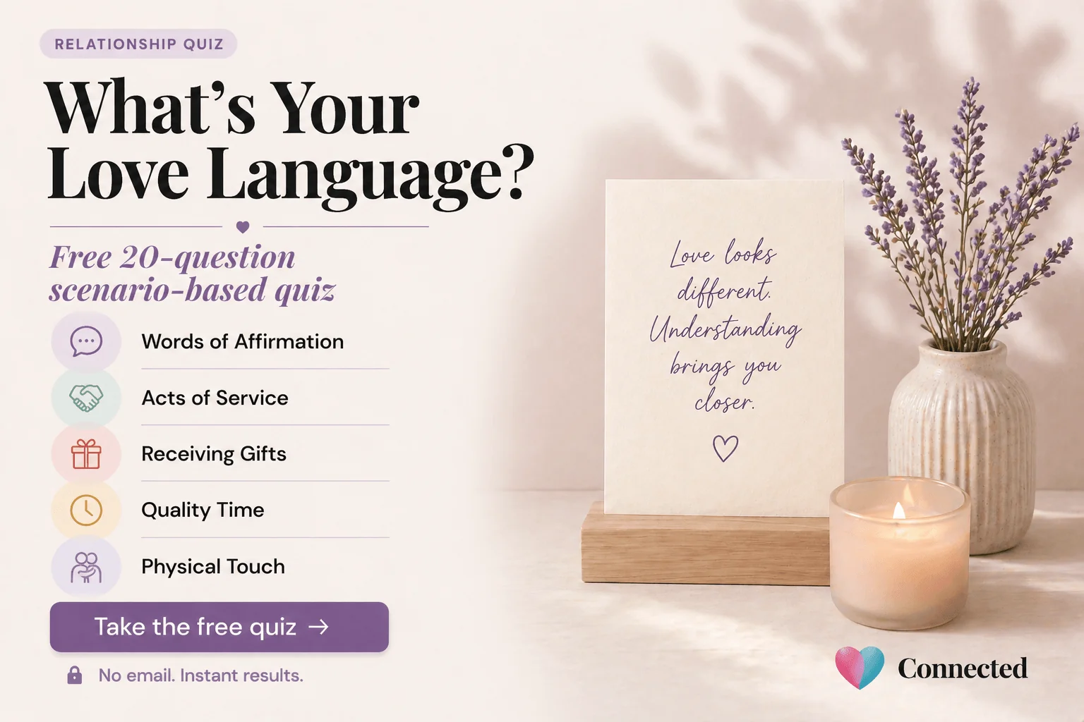 Love language quiz — free 20-question scenario-based assessment covering all 5 love languages: Words of Affirmation, Acts of Service, Receiving Gifts, Quality Time, Physical Touch