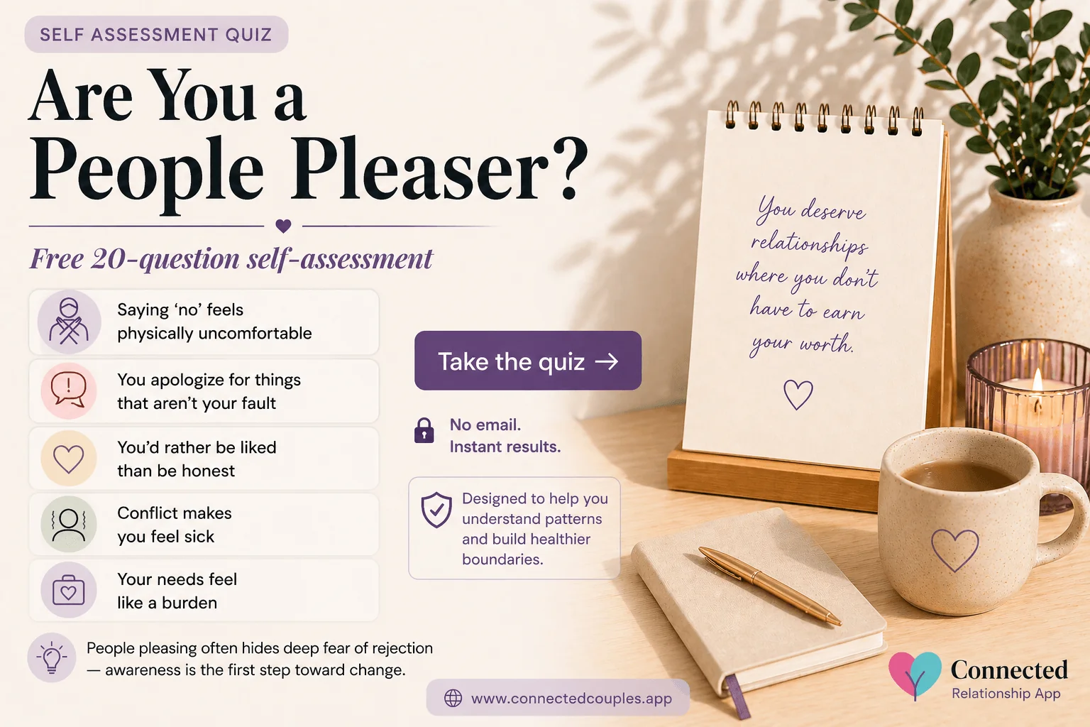 People pleasing quiz — free 20-question self-assessment covering difficulty saying no, excessive apologizing, fear of disapproval, and prioritizing others over yourself