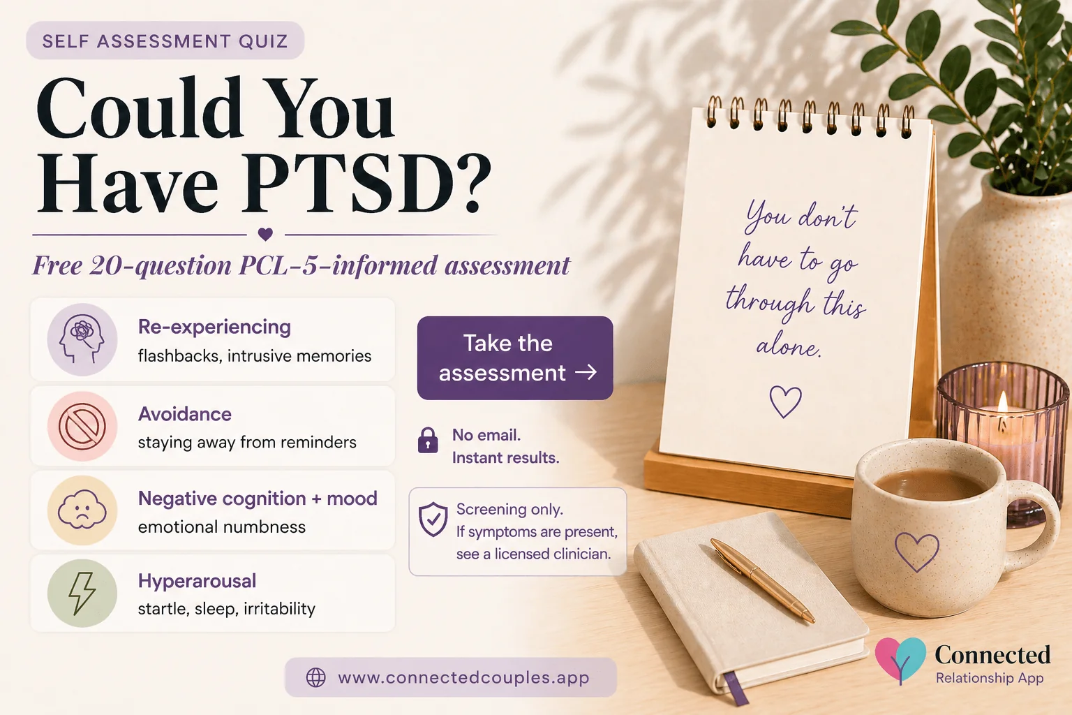 PTSD quiz — free 20-question self-assessment based on the PCL-5 framework assessing trauma symptoms across re-experiencing, avoidance, negative cognition and mood, and hyperarousal