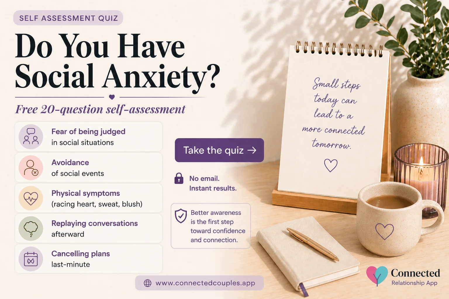 Social anxiety quiz — free 20-question self-assessment measuring fear, avoidance, and physical symptoms across everyday social situations, instant results no email required