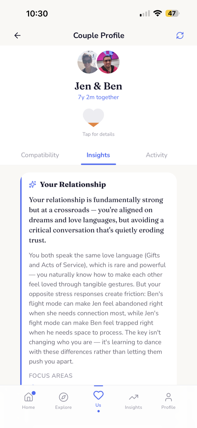 Connected app showing an AI-generated relationship insight on the couple profile, summarizing the couple's strengths and the dynamic to work on