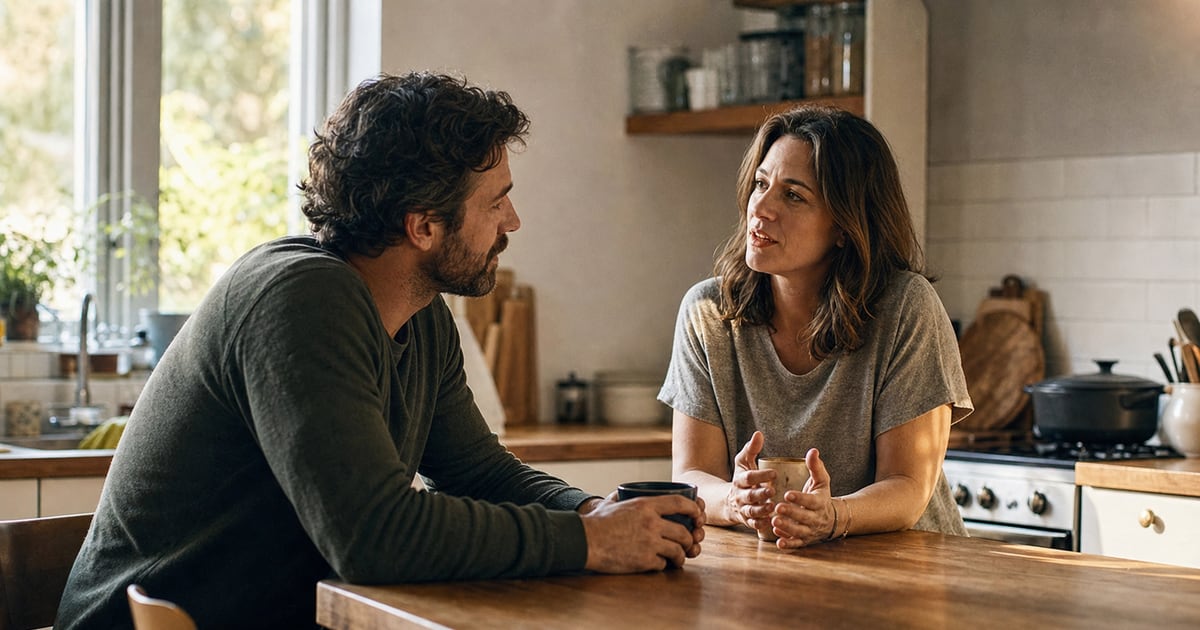 Couple talking over coffee at the kitchen table