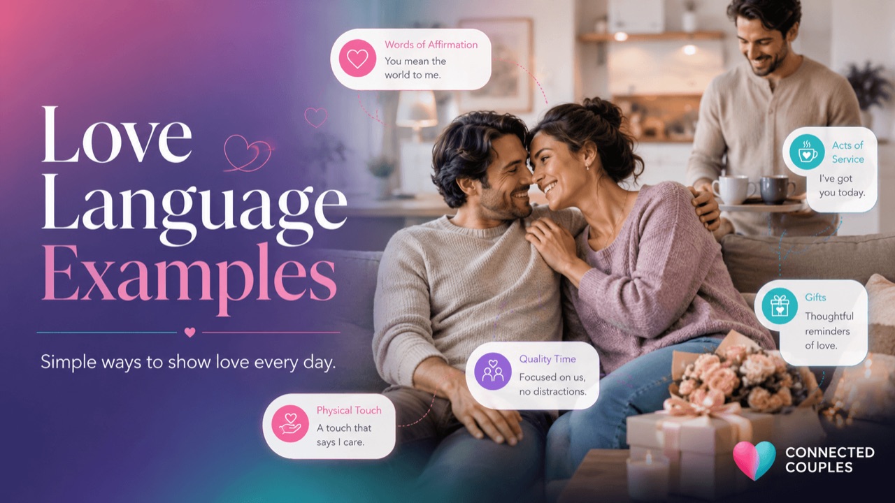 Examples of the five love languages shown through everyday moments between a couple