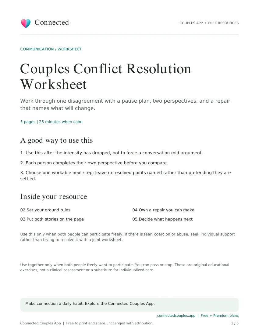 Actual cover of Couples Conflict Resolution Worksheet, branded Connected Couples App