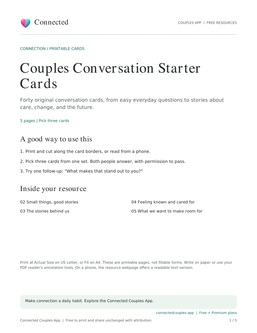 Actual cover of Couples Conversation Starter Cards, branded Connected Couples App