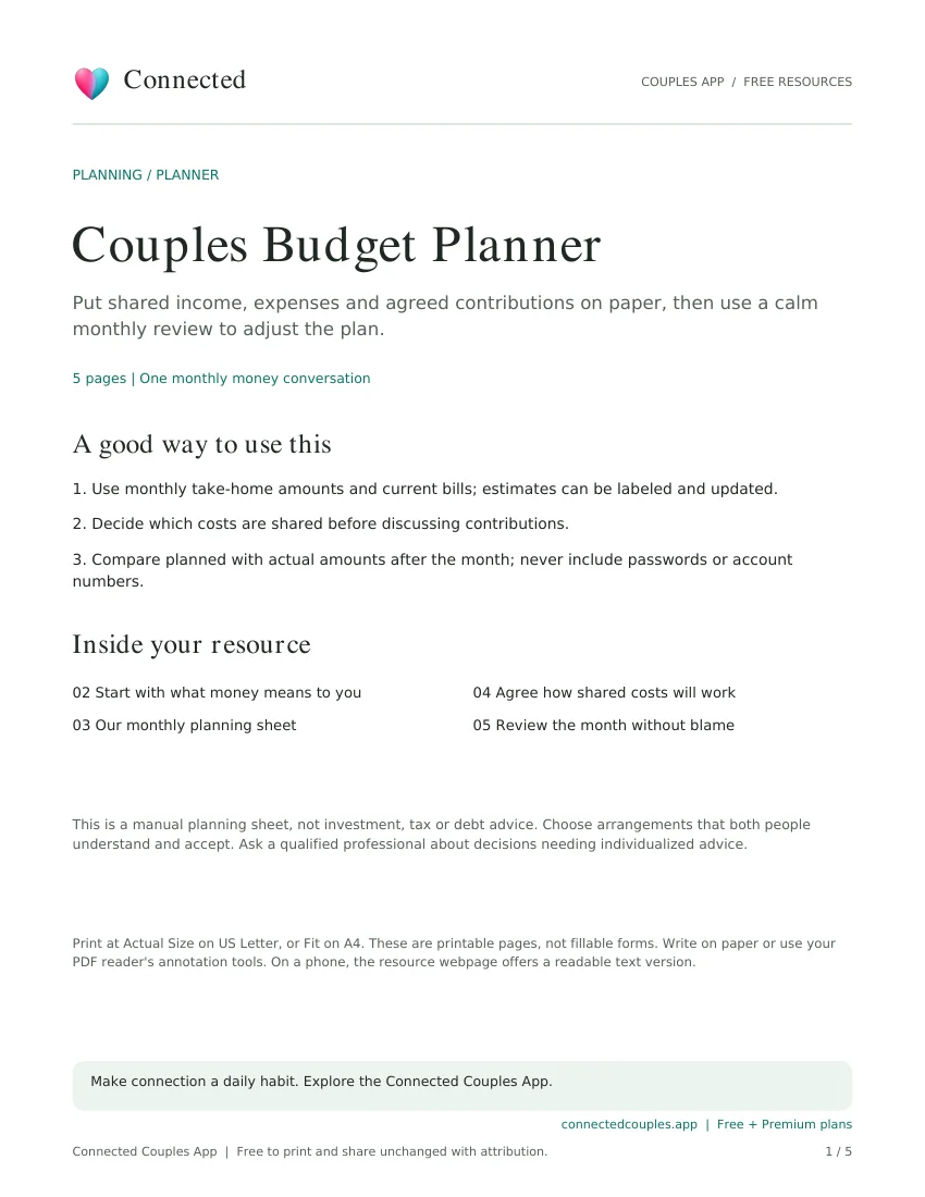 Actual cover of Couples Budget Planner, branded Connected Couples App