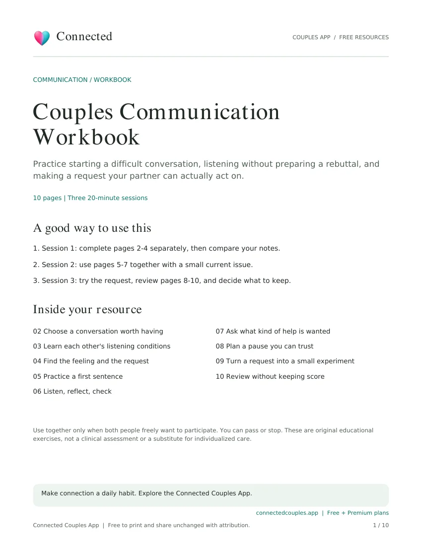 Actual cover of the Connected Couples Communication Workbook