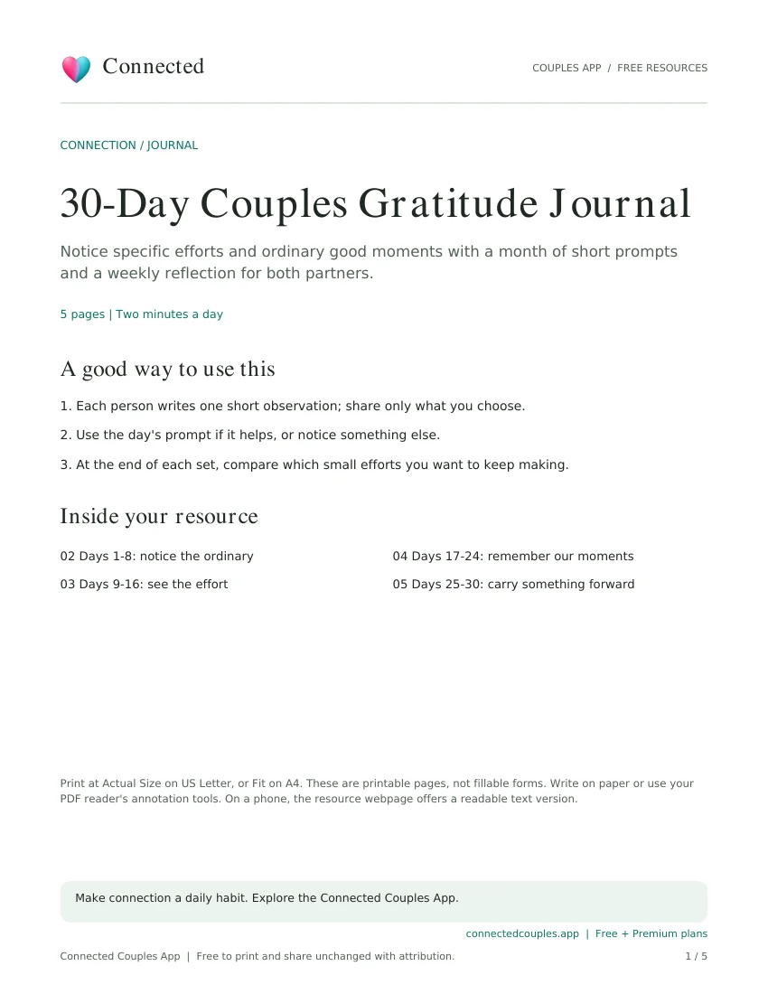 Actual cover of 30-Day Couples Gratitude Journal, branded Connected Couples App