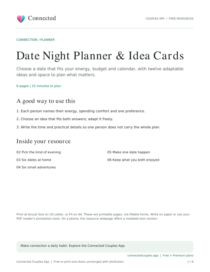 Actual cover of Date Night Planner & Idea Cards, branded Connected Couples App