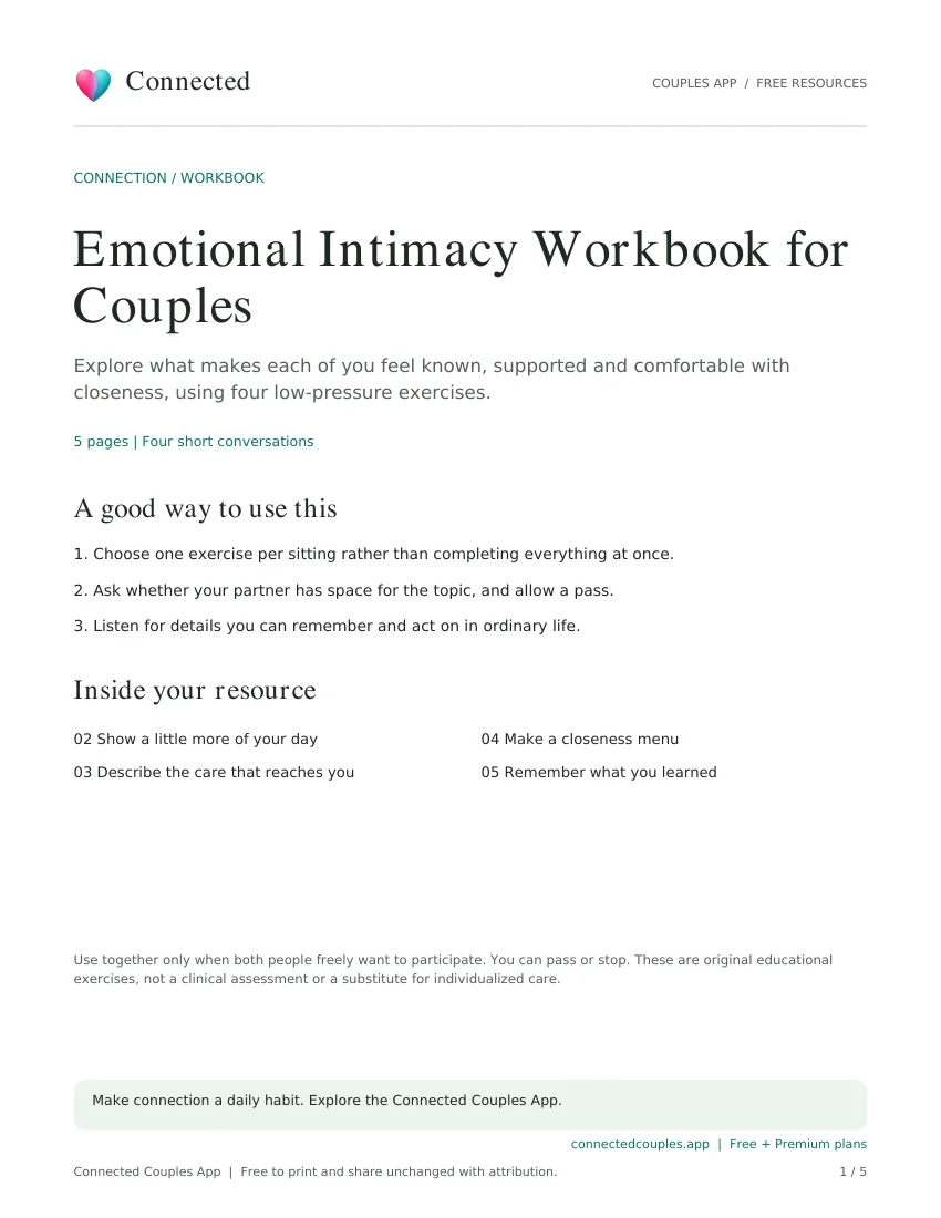 Actual cover of Emotional Intimacy Workbook for Couples, branded Connected Couples App