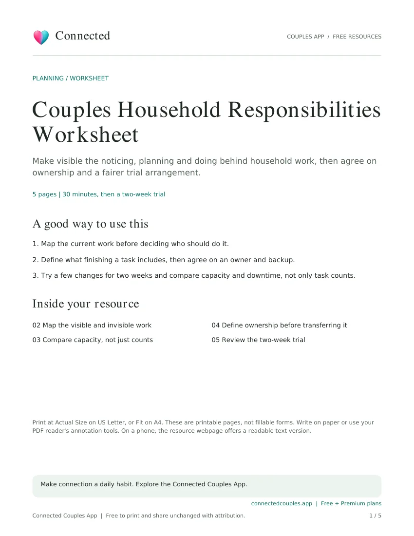 Actual cover of Couples Household Responsibilities Worksheet, branded Connected Couples App