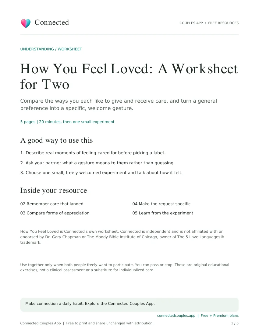 Actual cover of How You Feel Loved: A Worksheet for Two, branded Connected Couples App