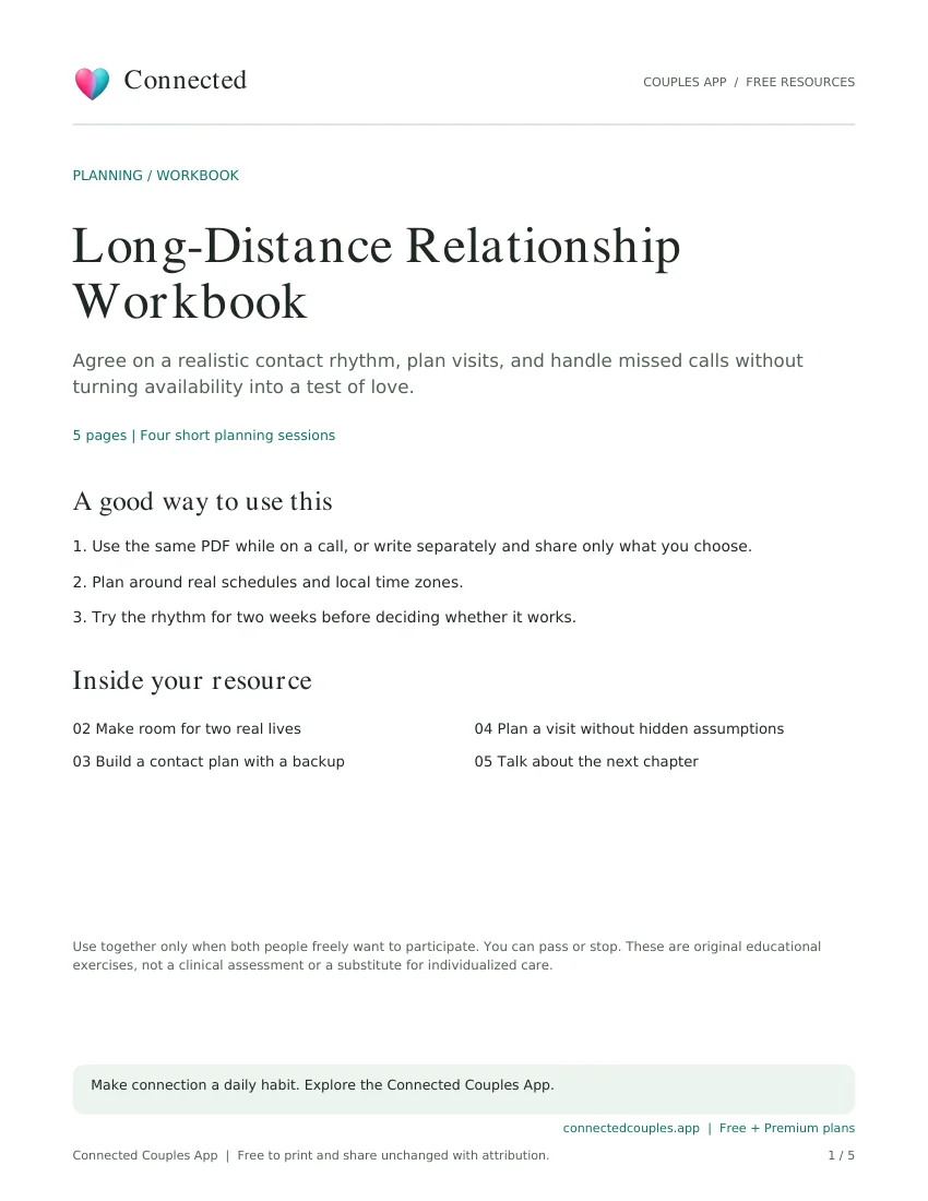 Actual cover of Long-Distance Relationship Workbook, branded Connected Couples App