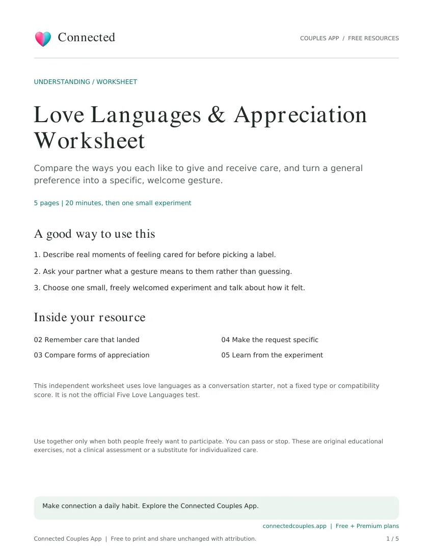 Actual cover of Love Languages & Appreciation Worksheet, branded Connected Couples App