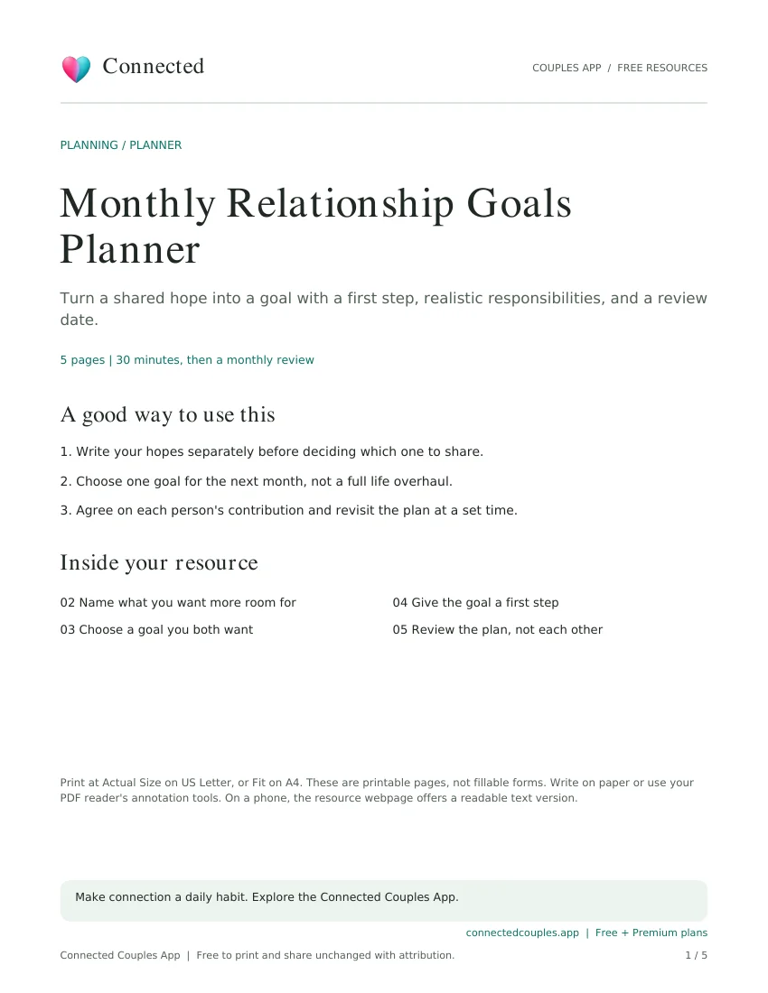 Actual cover of Monthly Relationship Goals Planner, branded Connected Couples App