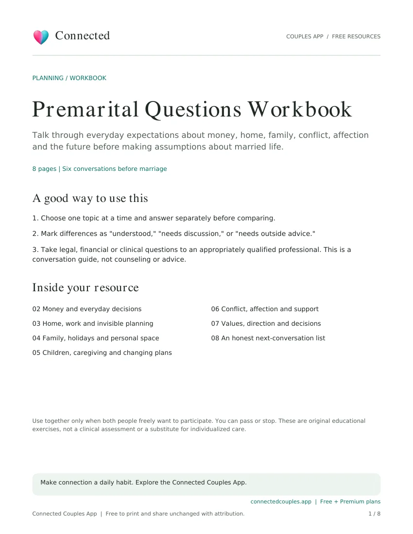 Actual cover of Premarital Questions Workbook, branded Connected Couples App