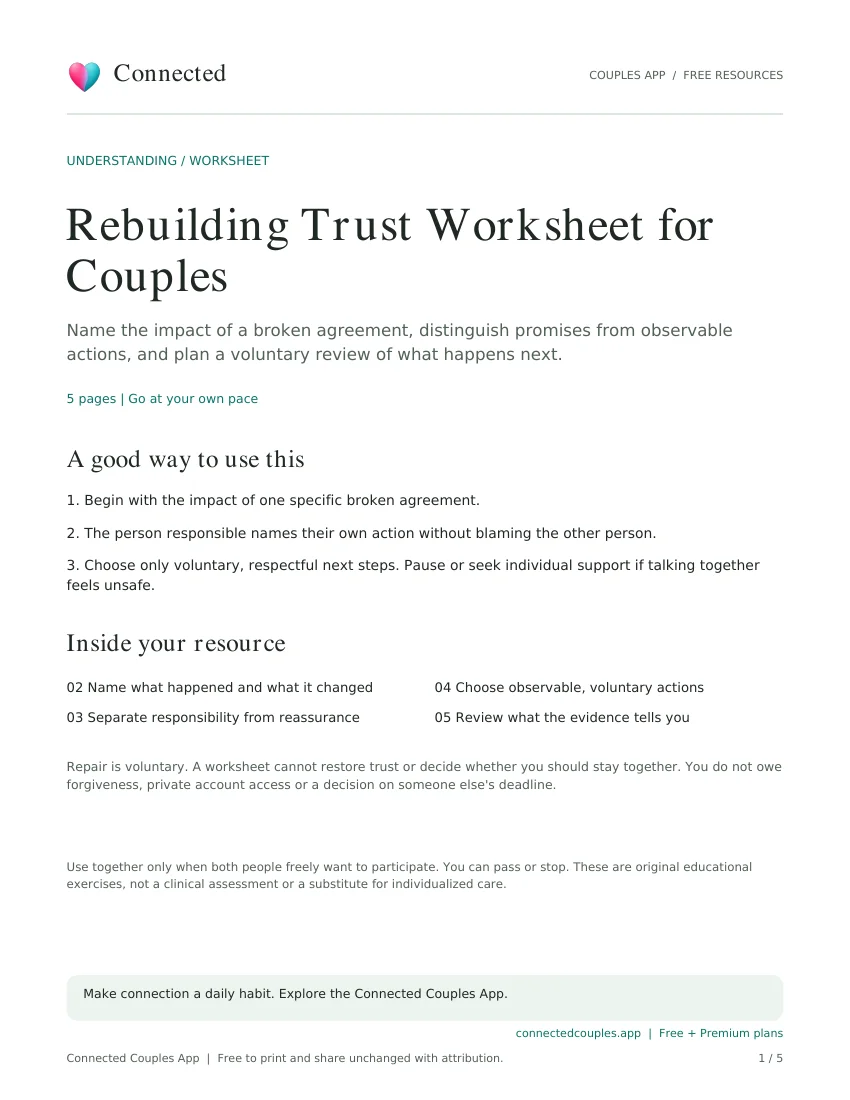 Actual cover of Rebuilding Trust Worksheet for Couples, branded Connected Couples App