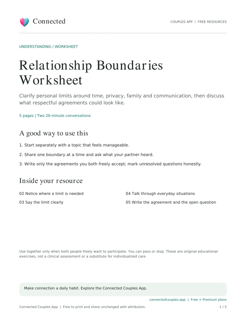 Actual cover of Relationship Boundaries Worksheet, branded Connected Couples App