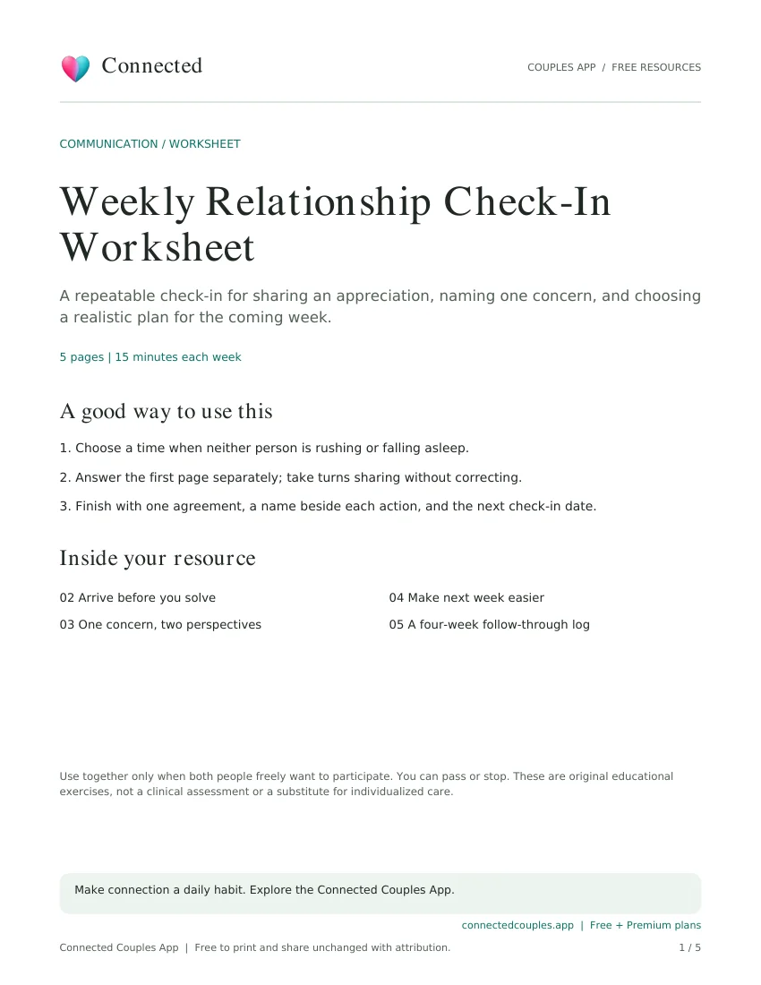 Actual cover of Weekly Relationship Check-In Worksheet, branded Connected Couples App