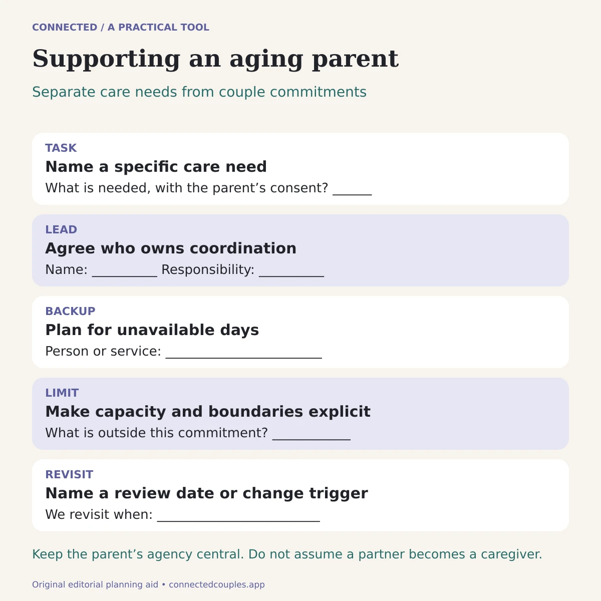 Caregiving ownership map with task, lead, backup, limit and revisit fields
