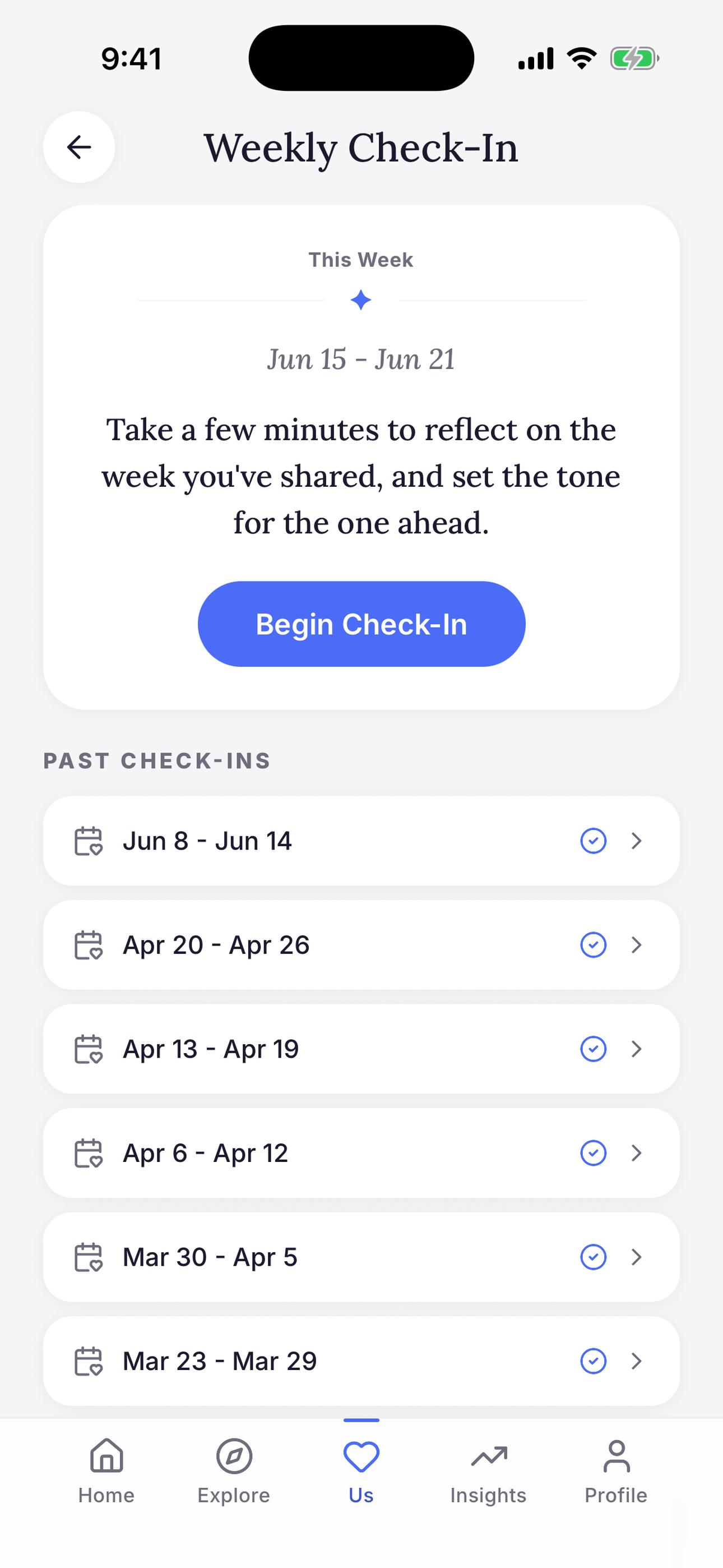 Connected weekly check-in screen for couples showing this week's check-in and completed past check-ins