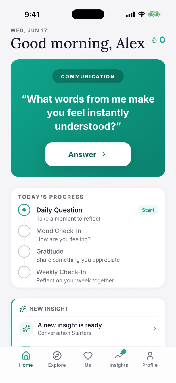 Connected couples app home screen with daily question, mood check-in, and connection score