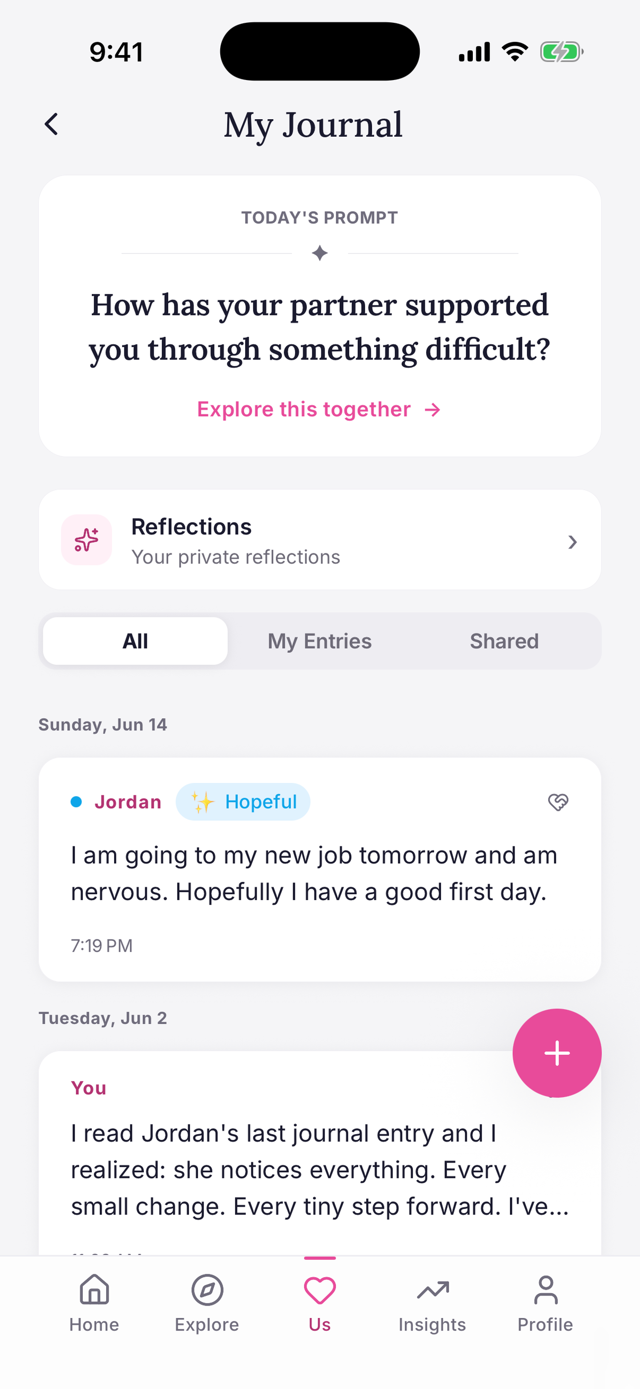 Connected couples app shared journal feed with both partners' reflections, mood tags, and a daily prompt