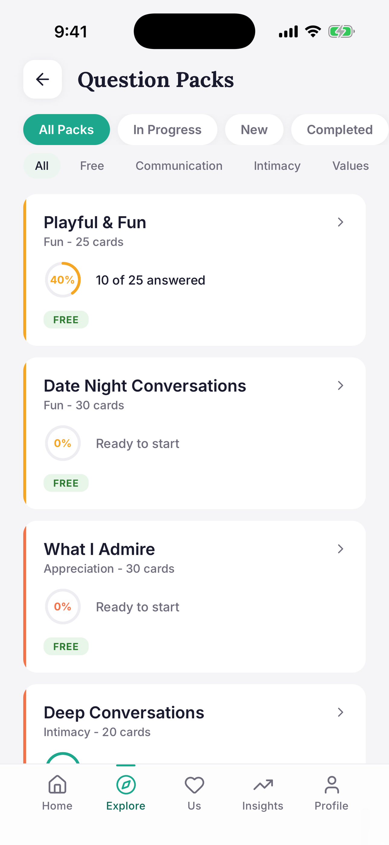 Connected couples app themed question packs with 700+ conversation starters across Playful, Date Night, and Deep Conversations packs