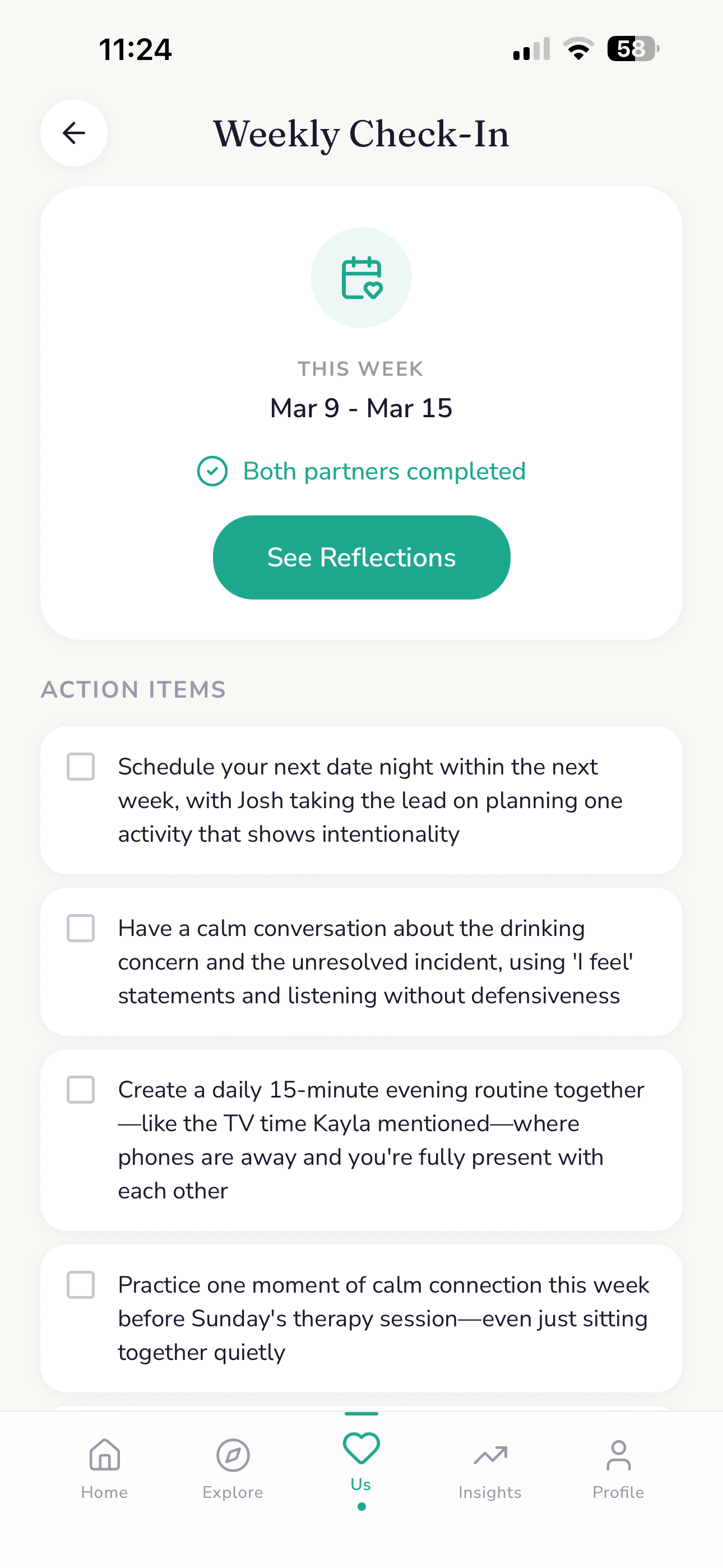 Connected app weekly check-in screen showing both partners' shared reflections